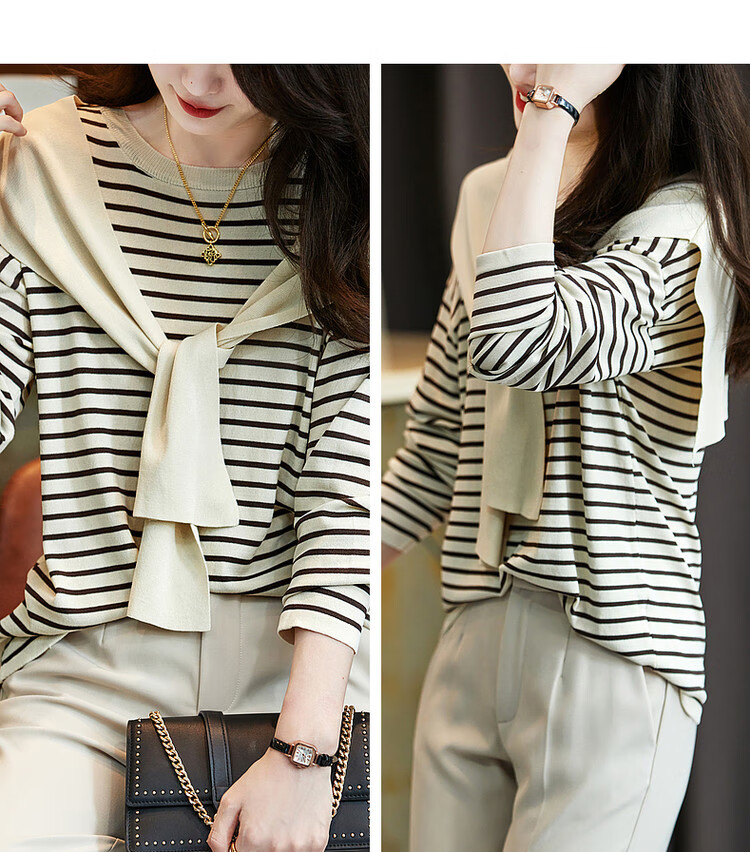 Dme [French Knit Sweater] Spring And Autumn Round Neck Double Curved Striped Contrasting Color Women's Knit Sweater, Off-White, XL 15