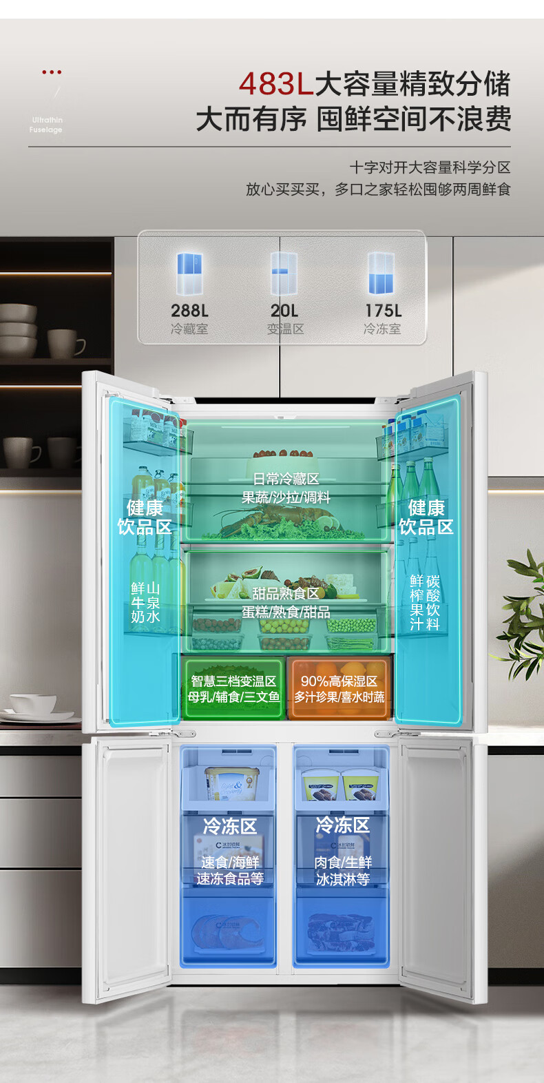 系列483升十字四开门一级变频超薄"零"嵌入底部散热大容量可嵌入冰箱