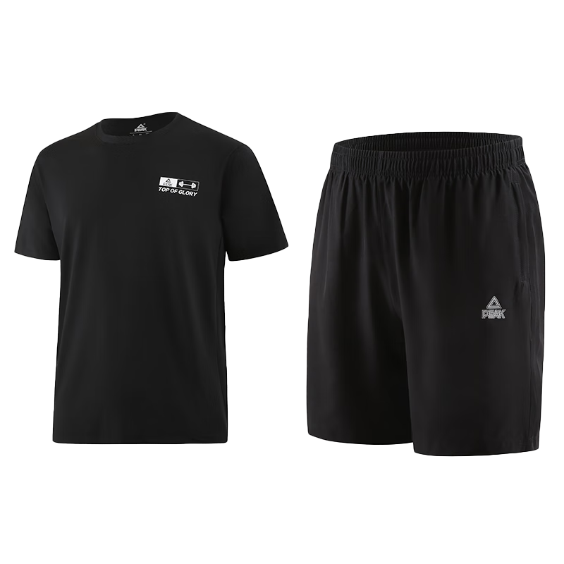 PEAK Men's Sports Set, Quick-Dry Breathable Casual Fitness Short-Sleeve Shorts Two-Piece Set, Black, Size L