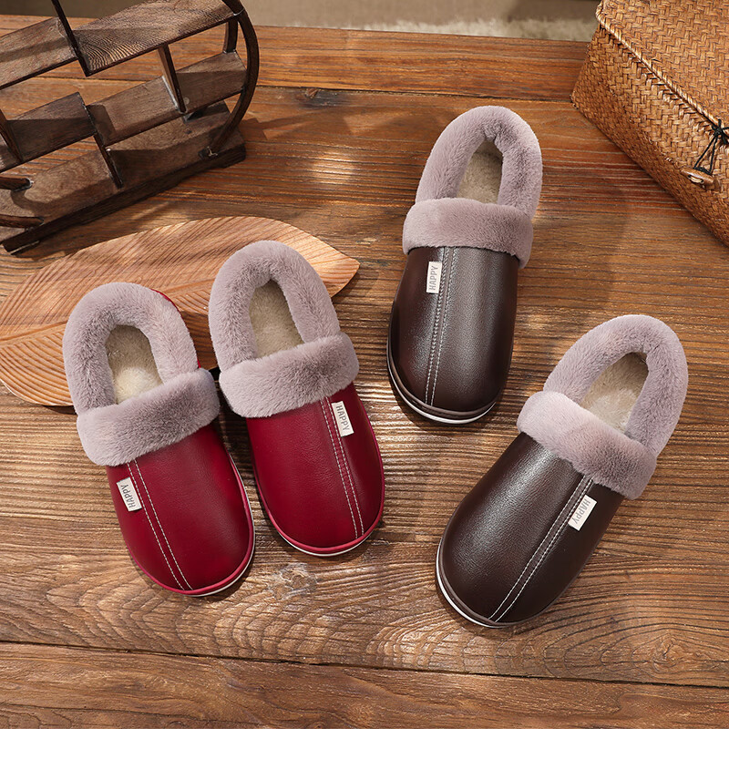 GUOLUOFEI Cotton Slippers with Handles for Men And Women, Indoor Non-Slip Waterproof Warm Cotton Shoes for Elderly, Red Package, Size 38-39 2