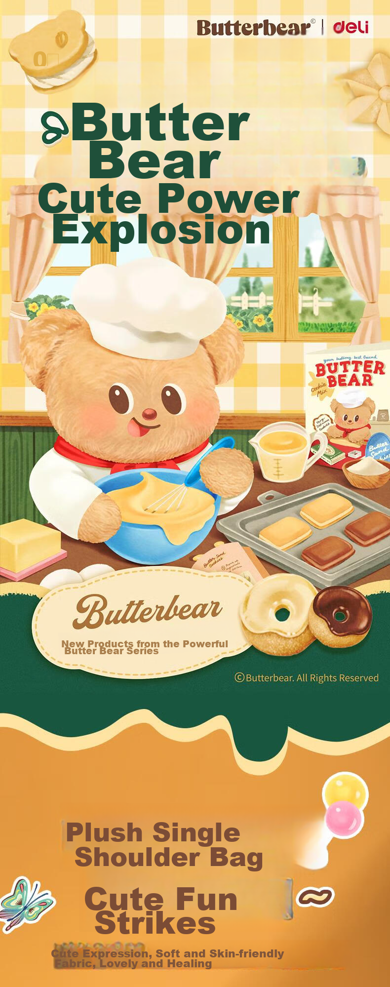Deli Butter Bear Fashion Handbag, Tote Bag, Shoulder Bag, Tutoring Bag, Cute Plush Design, Double-Sided Use, Gift for Boys And Girls, Back-To Stationery Gift, Art Bag 1