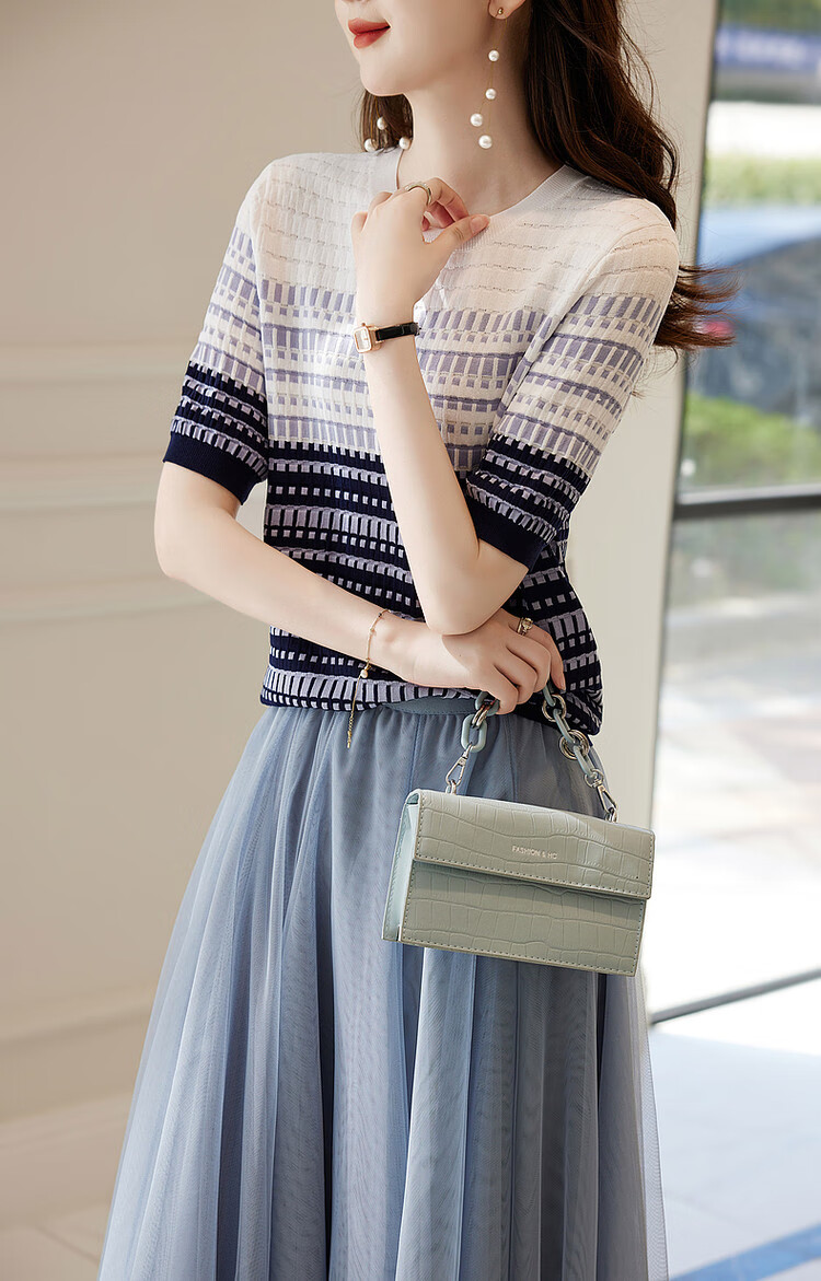 Dme [Bingchuan Meiros] Spring And Summer Double-Curved Ice Linen Sweater, Round Neck, Contrasting Color Jacquard, Petite Knit Top for Wome 8