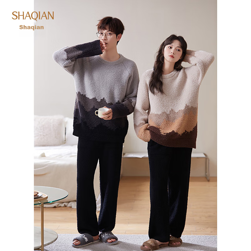Shaqian Couple's Pajamas, Autumn And Winter Half-Fleece Women's Style, Thickened Warm Coral Fleece Men's Casual Home Wear Set