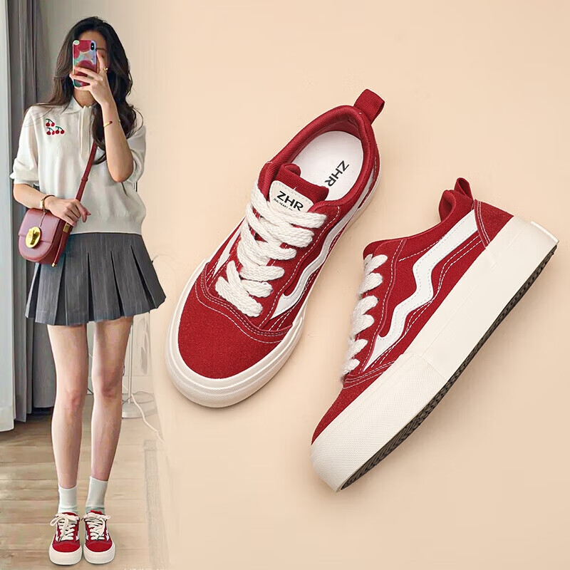 ZHR Canvas Shoes for Women, Classic Versatile Student Sneakers, Comfortable Breathable Thick-Soled Casual Women's Shoes, CS11 Red, Size 38