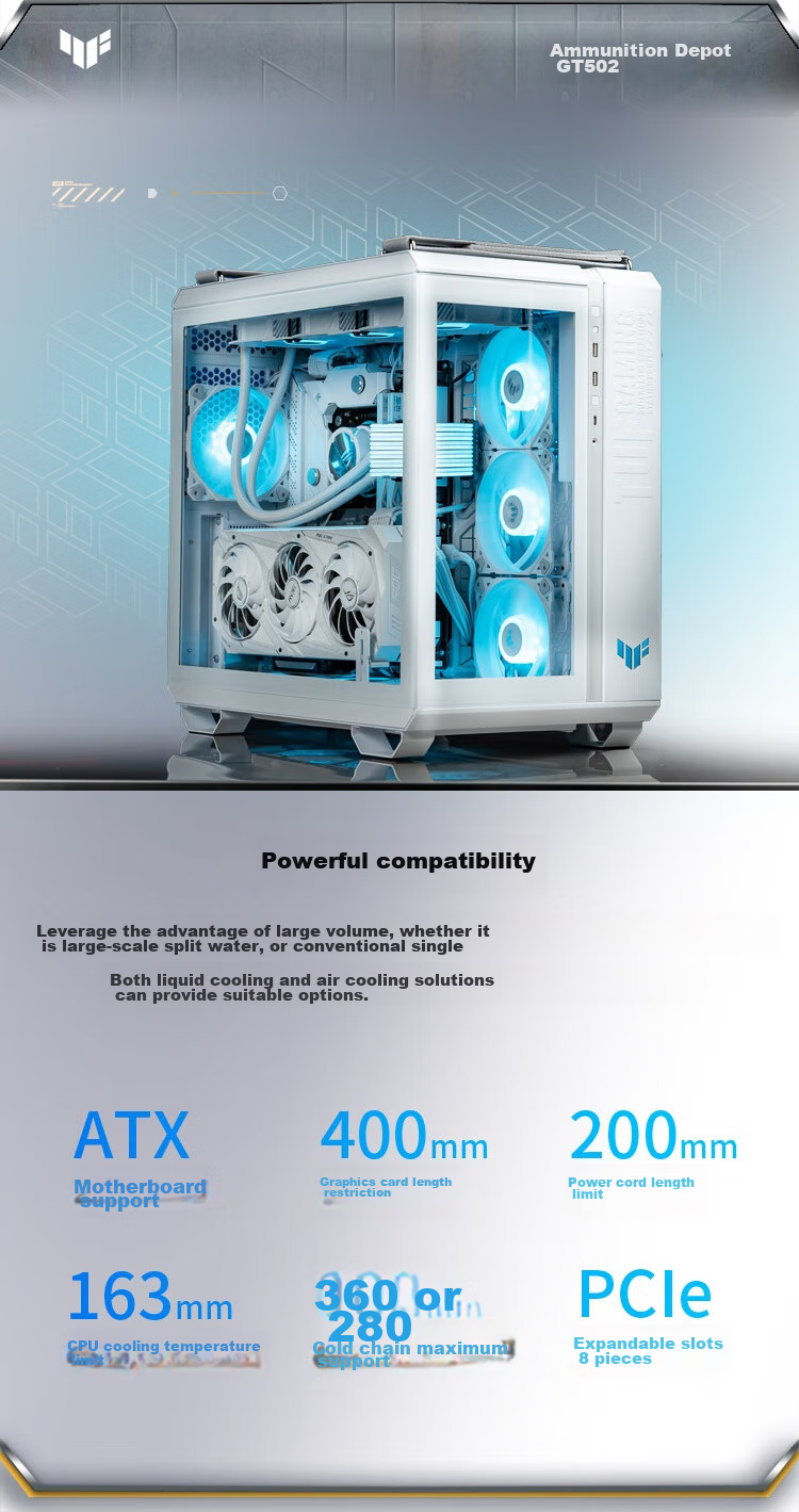 ASUS TUF GAMING GT502 White Arsenal Case, White Cables, Dual-Chamber Design, Tool-Free Disassembly, White Seaside View, Innovative Cooling, GPU Bracket 5