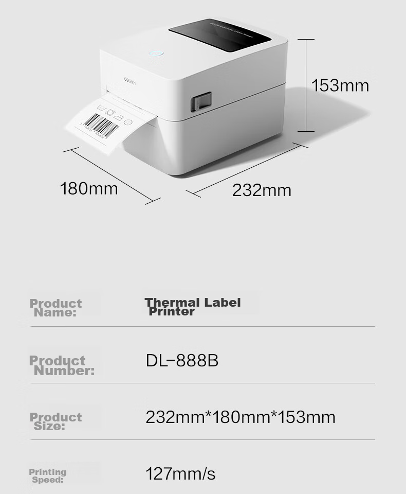 Deli DL-888B(NEW) Thermal Label Printer, Express Delivery Warehouse Logistics Shipping Label, Fixed Asset 108mm Commercial Office Printing, Self-Adhesive Barcode Large Paper Warehouse Printer, USB Versio 19