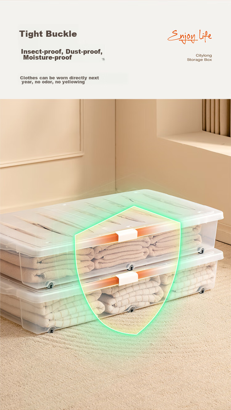 Xitianlong Under-Bed Storage Box, Toy Organizer, Quilt Storage Box, Flat Double-Opening Lid with Wheels, Transparent, 54 Liters, 2-Pack 12