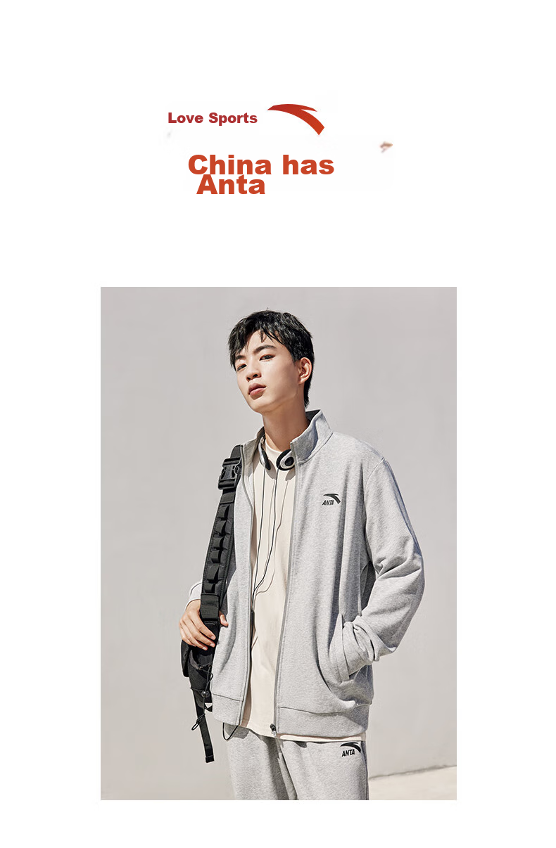 Anta Men's Fleece-Lined Sports Set Spring Windproof Stand Collar Zip-Up Jacket and Pants Sportswear Casual Pants 20
