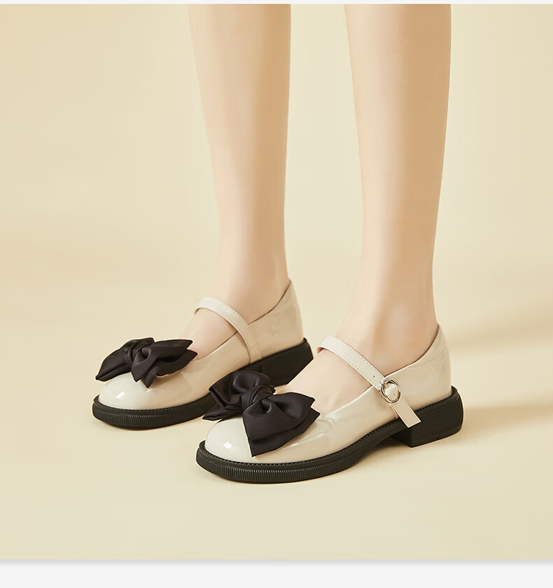 DAPHNE Mary Jane Leather Shoes for Women, Japanese JK Style Flat Soft Sole Bow Tie Flats 4623101026 Black Size 35 8