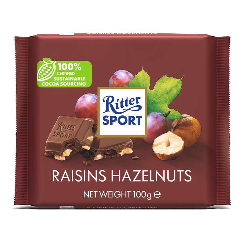 瑞特滋（RITTER SPORT）葡萄干榛子牛奶巧克力 100g 休闲零食节日礼物送男女友德国原产