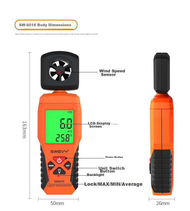 Suwei Anemometer Measures Wind Speed, High-Precision Handheld Air Flow Meter SW6016 16