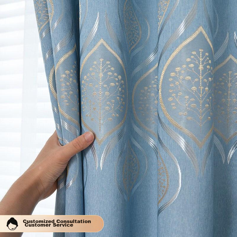 Ali Living Room Bedroom Blackout Curtains, Bamboo Cotton Jacquard Blue Hook Style, 2.0m Wide * 2.2m High Single Panel