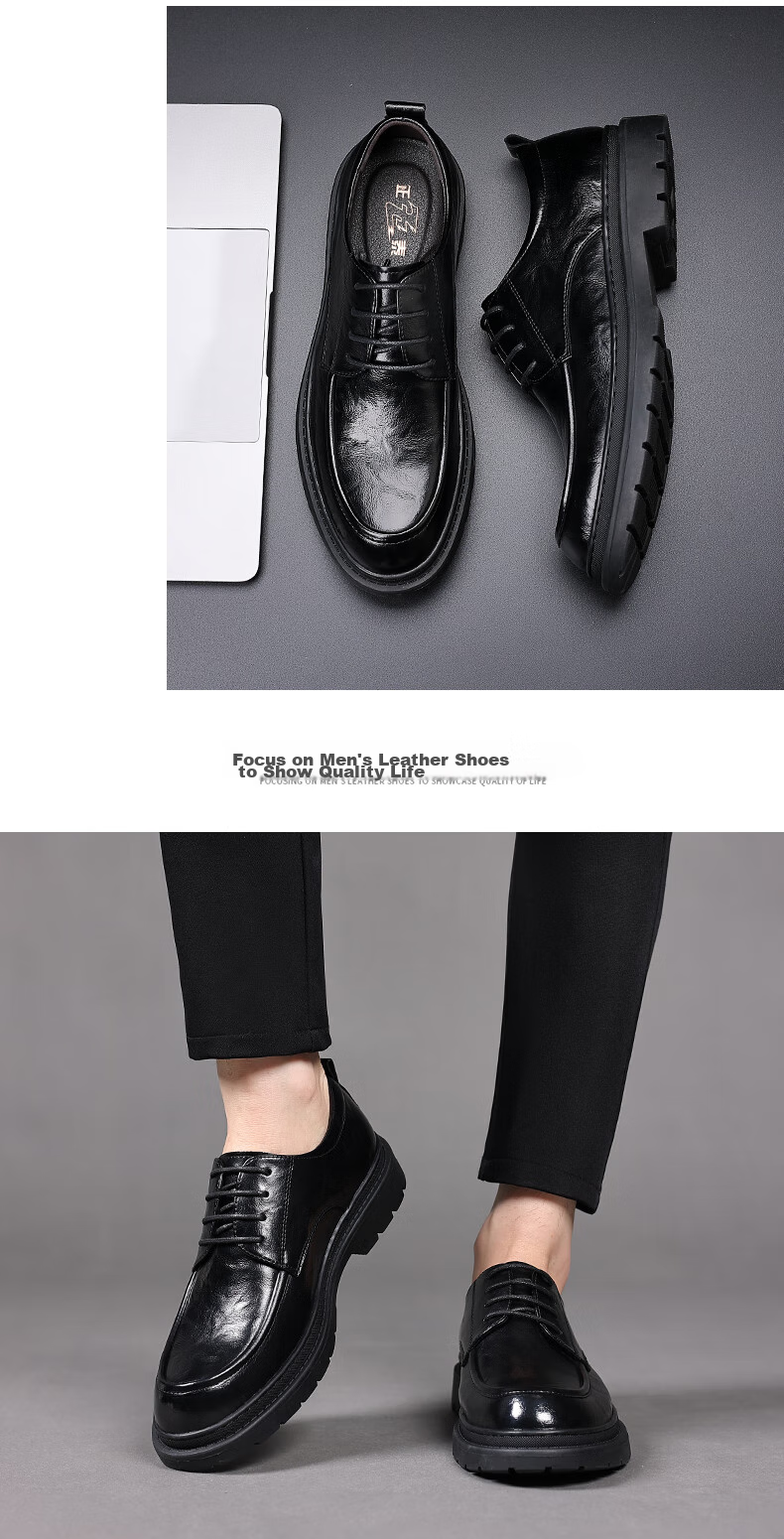 Zhengtai British Business Leather Shoes for Men, Breathable Hand-Grain Soft Leather Men's Shoes, Thick-Soled Casual Men's Leather Shoes JZ0017 Black Size 38 12