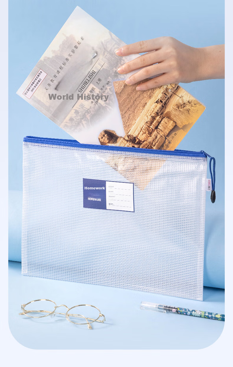 Deli A4 Subject Classification Zipper Pouch Waterproof Pen Holder for School Supplies, Receipt And Exam Paper Storage, Transparent Mesh Document Organizer, Pack of 5, 33124 11