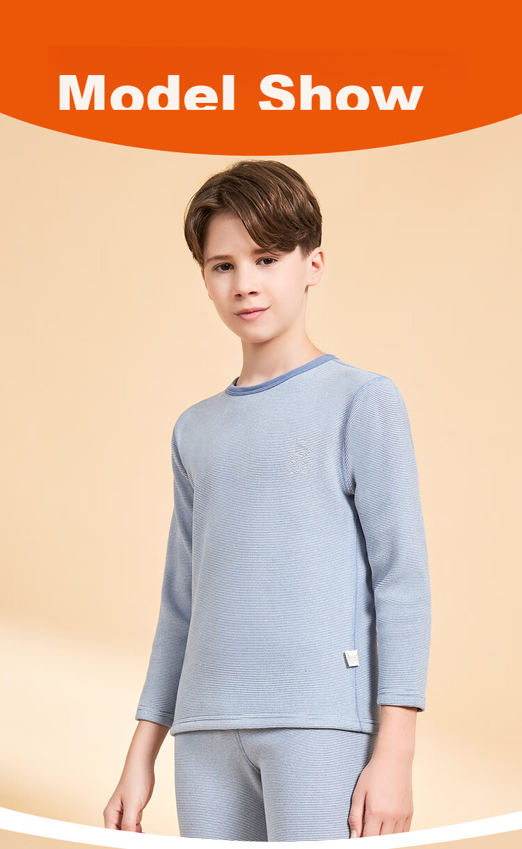 LangSha Children's Thermal Underwear Set, Boys' Autumn And Winter Yang Ion Fleece-Lined Undershirt And Pants, Big Kids' Pajama Set, Blue with Thin Stripes, Size 150 (Recommended Height 140-150cm) 12