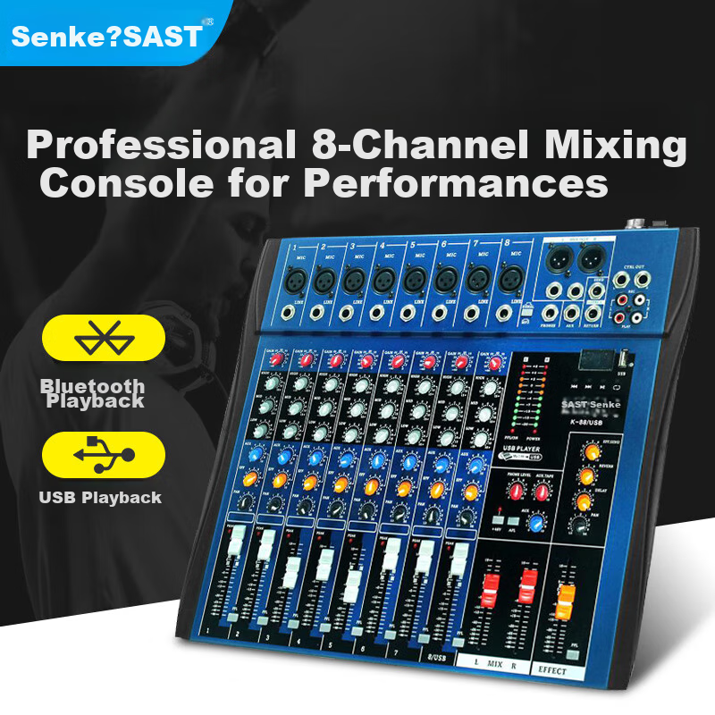 SAST K88 Professional 8-Channel Mixer for Stage Performances And Conference Rooms with Bluetooth, Reverb Effects, MP3 Multi-Functional Audio Control Console