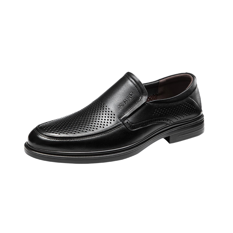 Aokang Men's Leather Sandals, Summer Hollow-Out Perforated Shoes, Business Casual Black, Size 43