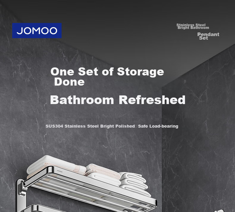 JOMOO Bathroom Storage Rack, Towel Holder, Thickened Foldable Bathroom Organizer, Bright Silver Stainless Steel, 936024 1