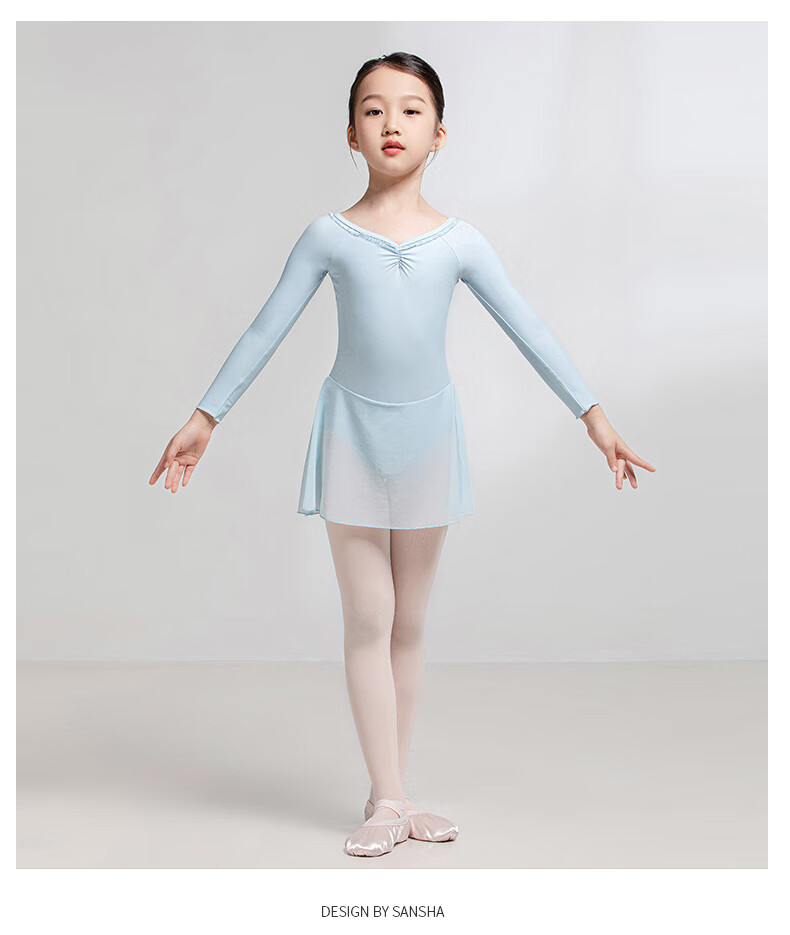 Sansha Ballet Practice Dress, Children's Dance Costume Long-Sleeve Dress Chiffon V-Neck Lace Bodysuit Dress, Light Blue, M 7