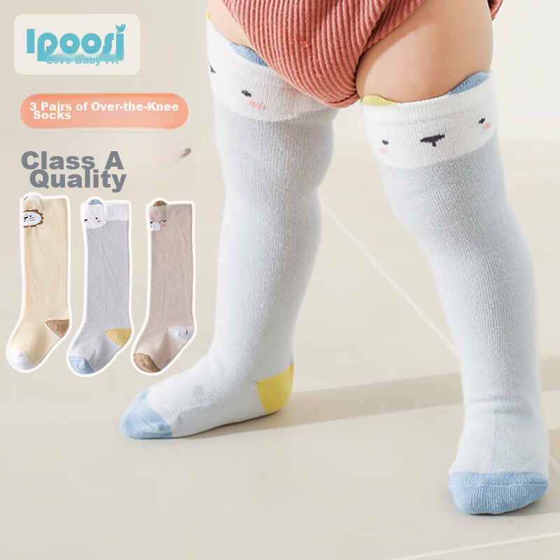 Aibaoshi Baby Socks Spring And Autumn Style, 0-1 Year Old Infant Over-Knee Long Socks, Newborn Socks, Size S, 3 Pairs Pack, Animal Pattern S569