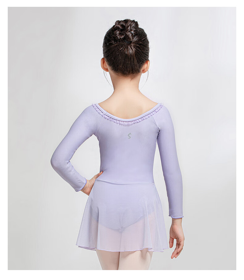 Sansha Ballet Practice Dress, Children's Dance Costume Long-Sleeve Dress Chiffon V-Neck Lace Bodysuit Dress, Light Blue, M 18