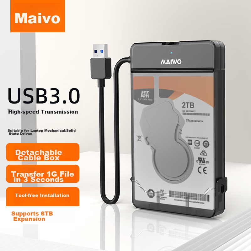 MAIWO 2.5-Inch Portable External Hard Drive Enclosure, USB3.0 Laptop Hard Drive External Box, SSD And Mechanical SATA Serial Port Hard Drive Enclosure, Black, K104