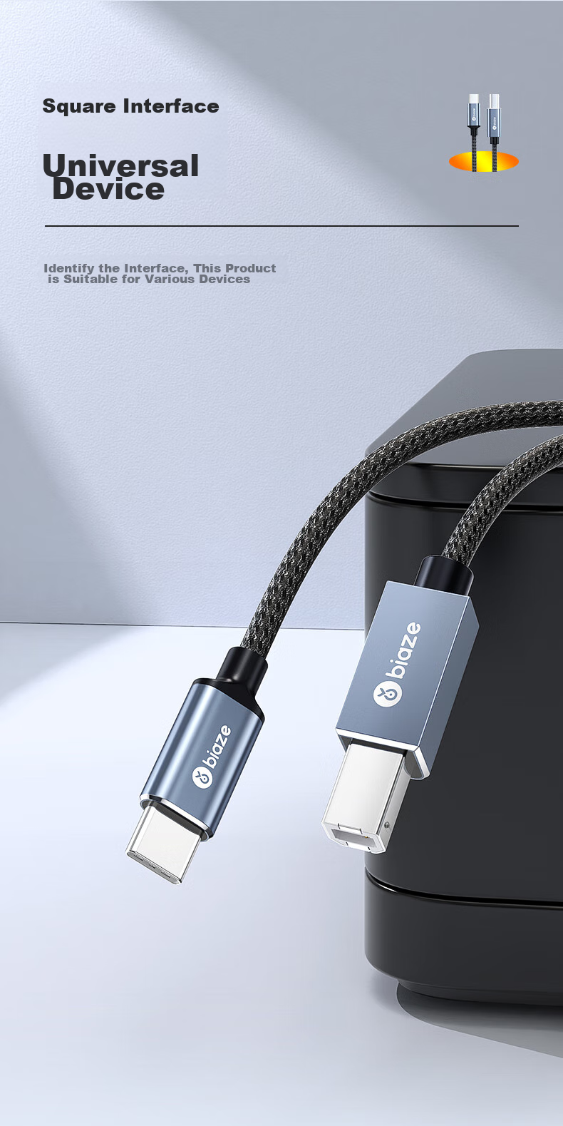 BIAZE Type-C High-Speed Printer Data Cable, USB-C Square Connector Printing Data Cable, Compatible with HP, Canon, Epson Printer Connection Cable, 3 Meters 4