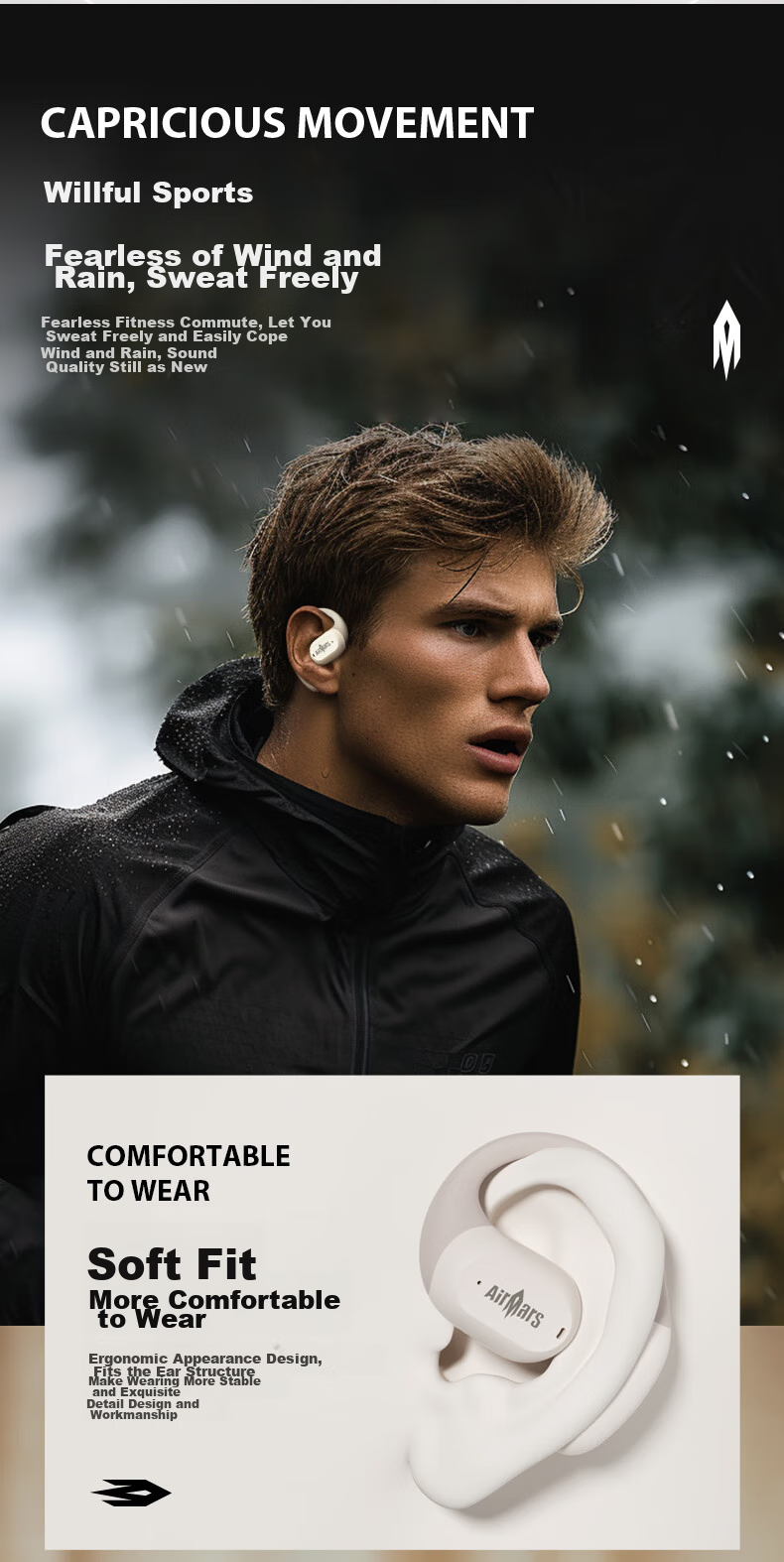 AIRMARS FORSMARTPHONE [Sound Quality Top] Bluetooth Headphones, Ear-Hook Bone Conduction Concept, True Wireless Open-Ear, Non-In Clip-On, Sports Running, Long Battery Life, High-End Noise Reduction, Universal Sony 7