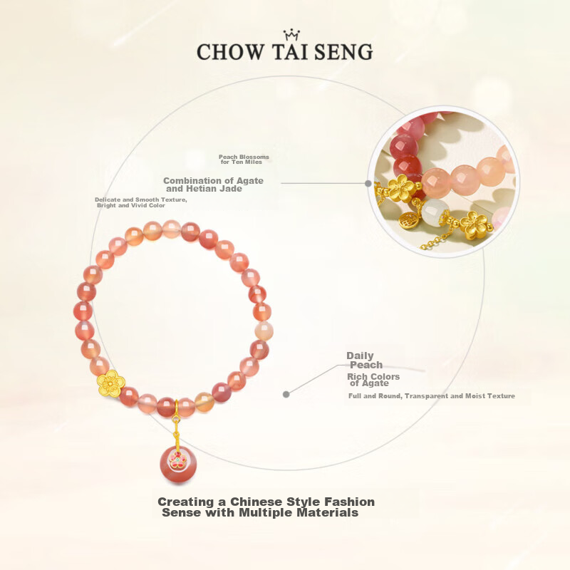 CHOW TAI SENG Peach Blossom Agate Bracelet, Silver Bracelet for Women, 2026 New Style, Graduation Birthday Gift for Ladies, Present for Girlfriend