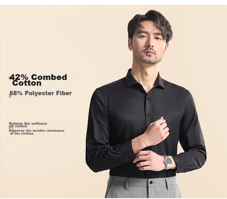 FIRS Long-Sleeve Shirt for Men, Business Formal Wear, Casual Solid Color Wrinkle-Free Dress Shirt, Blue, Baitiao 097 41 5