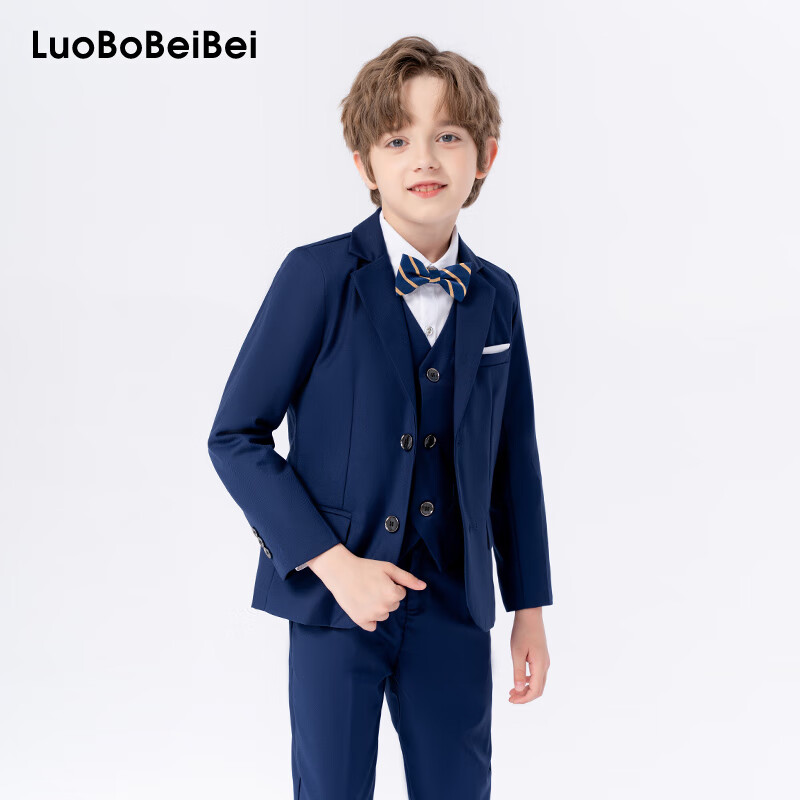 LUOBOBEIBEI Boys' Solid Color Suit, Flower Boy's New Year Outfit, Formal Wear Set, Navy Blue Five-Piece Set, Size 130
