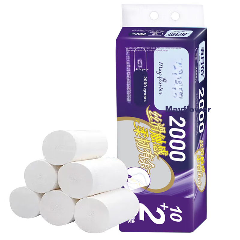 May Flower Coreless Toilet Paper, 4-Ply, 167g*12 Rolls, 2000g Total, Extra Thick And Large Rolls, Soft And Strong