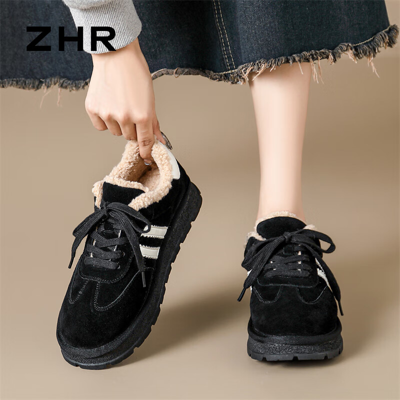 ZHR Cotton Shoes for Women, Winter Fleece-Lined Warm Training Shoes, Snow Anti-Cold Lightweight Thick-Soled Women's Shoes, EH121, Black, Size 38