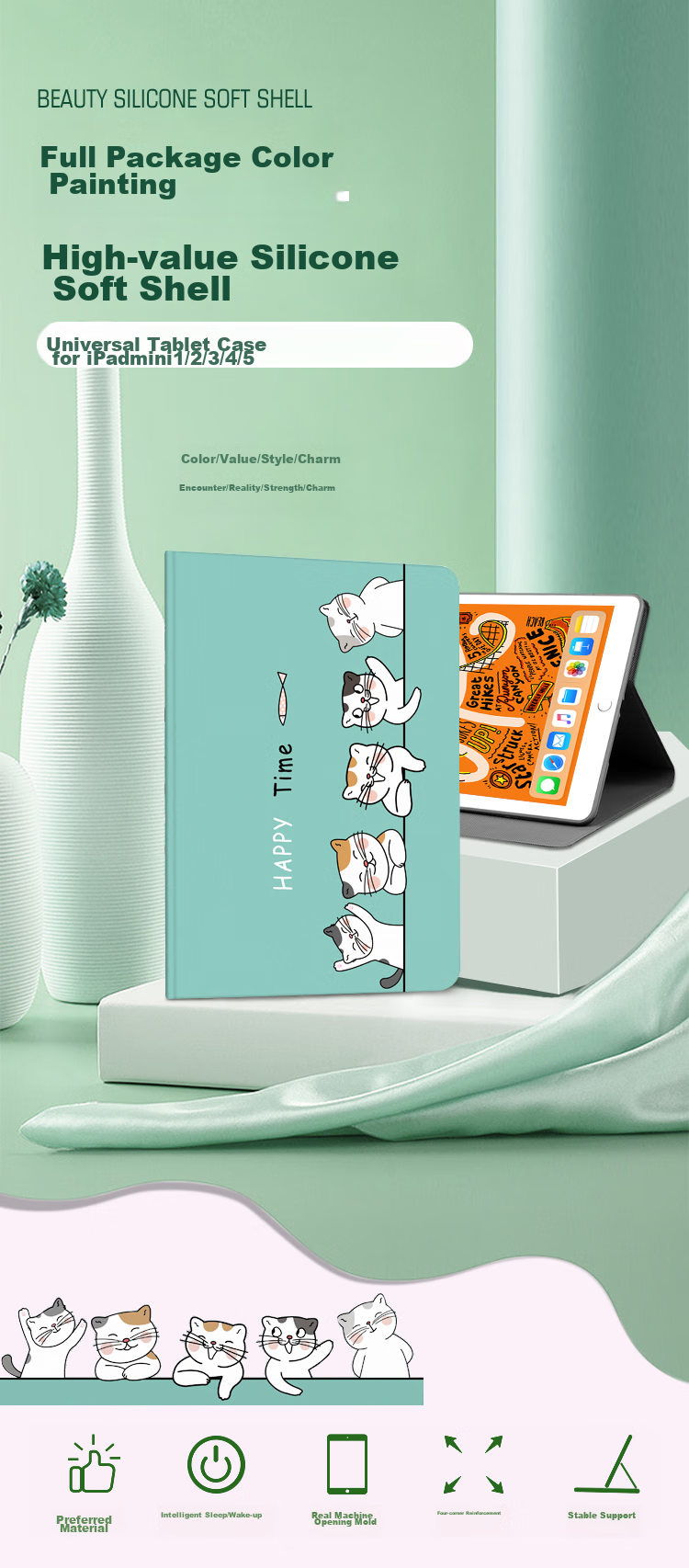 Jiangming Compatible with 7.9-Inch Apple Tablets IPad Mini 1/2/3/4/5 Protective Case Soft Shell Full Coverage Cartoon Cute Cat Design Automatic Screen Dimming Sleep Support for Binge-Watching 2