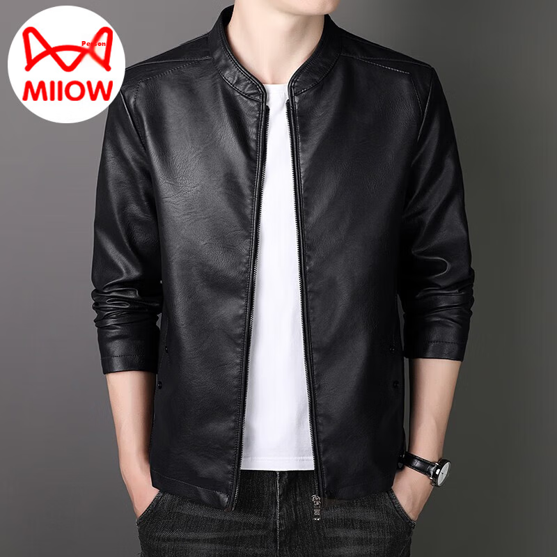 MiiOW Men's Leather Jacket, Spring And Autumn Outerwear, Casual Trendy Versatile Loose-Fitting Coat, Black, XL