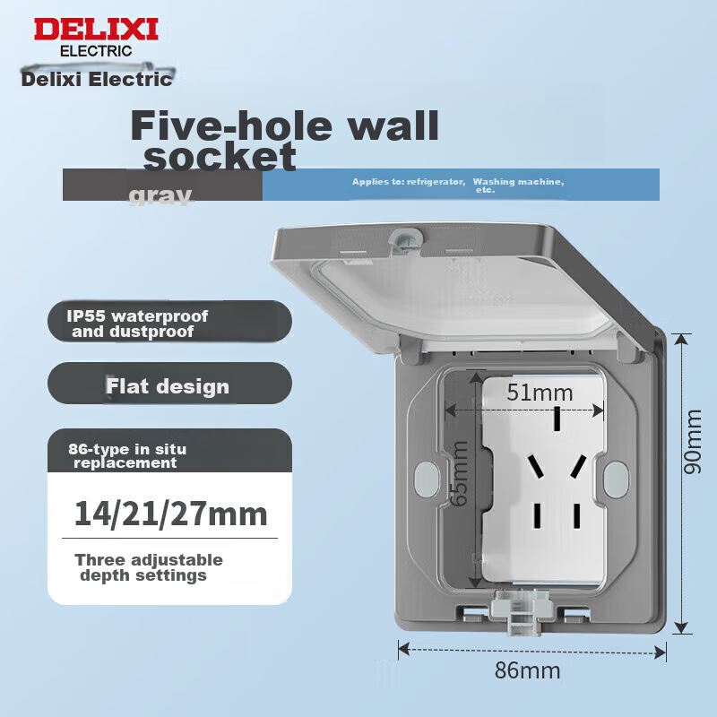 DELIXI Switch Socket, 86-Type Recessed Socket, Built-In Hidden Socket for Refrigerator, Waterproof, Space Gray, 10A, Five-Hole
