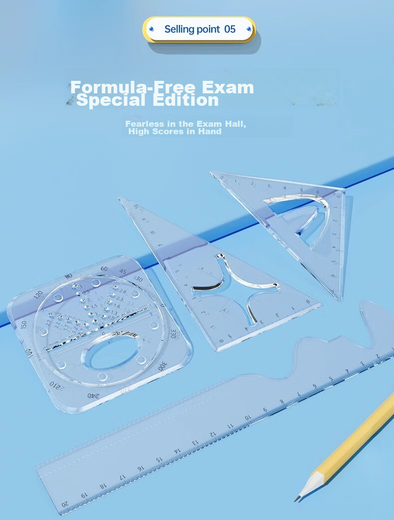 Wusheng Function Ruler Set for Middle And High School Students, Multifunctional Geometric Drawing Ruler, Straight Ruler, Triangle Ruler, Protractor Set, Student-Specific Stationery, Transparent High-Quality Drawing Formula Set 8
