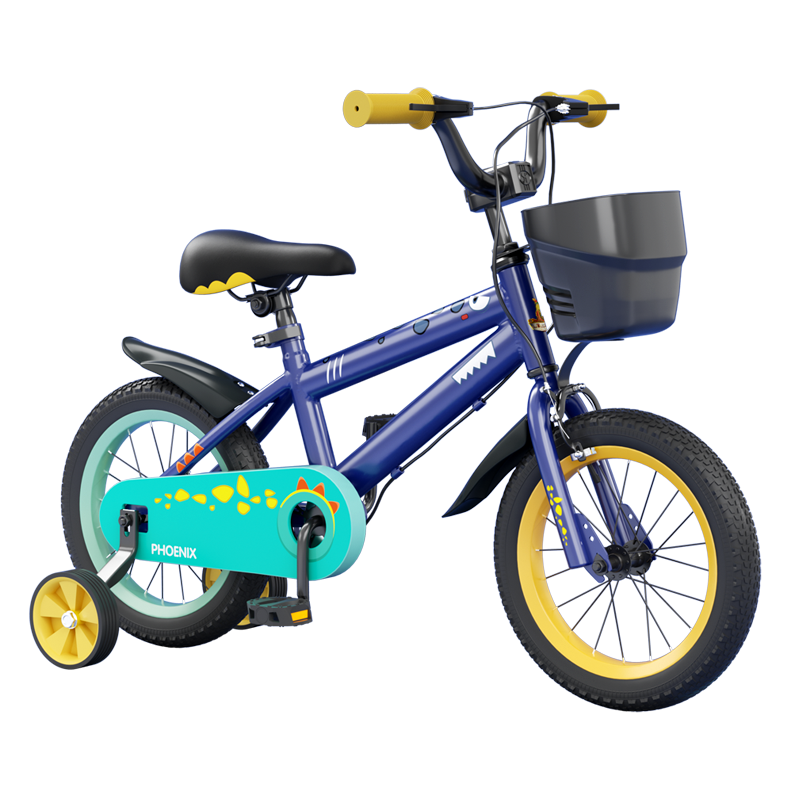 Phoenix Children's Bicycle for Boys And Girls Aged 3-6 with Training Wheels, Dinosaur Blue, 18 Inches, Birthday And New Year Gift