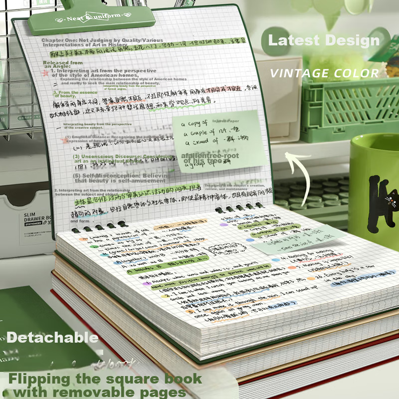 Jinzhi High-Quality Vintage Square Notebook, 120 Pages Loose-Leaf Notebook, Top-Flip Detachable Pages, Comfortable for Middle And High School Students, Error Correction And Memo Pad, Dark Green Color