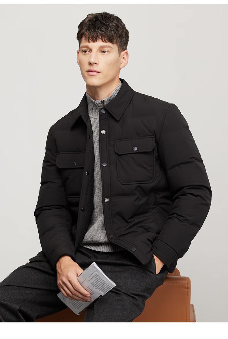 DANCING WOLVES [90% White Duck Down] Fashionable Lapel Pocket Workwear Style Jacket for Men, Thick down Coat, 001 Black, Size 165 8