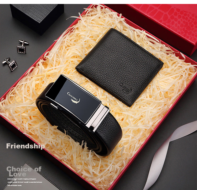 CROCODILE Men's Top-Grain Leather Business Automatic Buckle Belt + Wallet Gift Box, Birthday Gift for Men, 12869 4
