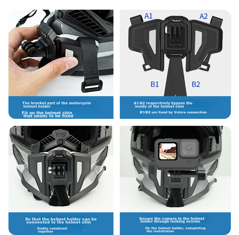 TELESIN Compatible with DJI Action 5 Pro, 4 Helmet Chin Mount, Osmo360 Motorcycle Helmet Mount, GoPro Ace Pro 2 Action Camera Motorcycle Mount 8