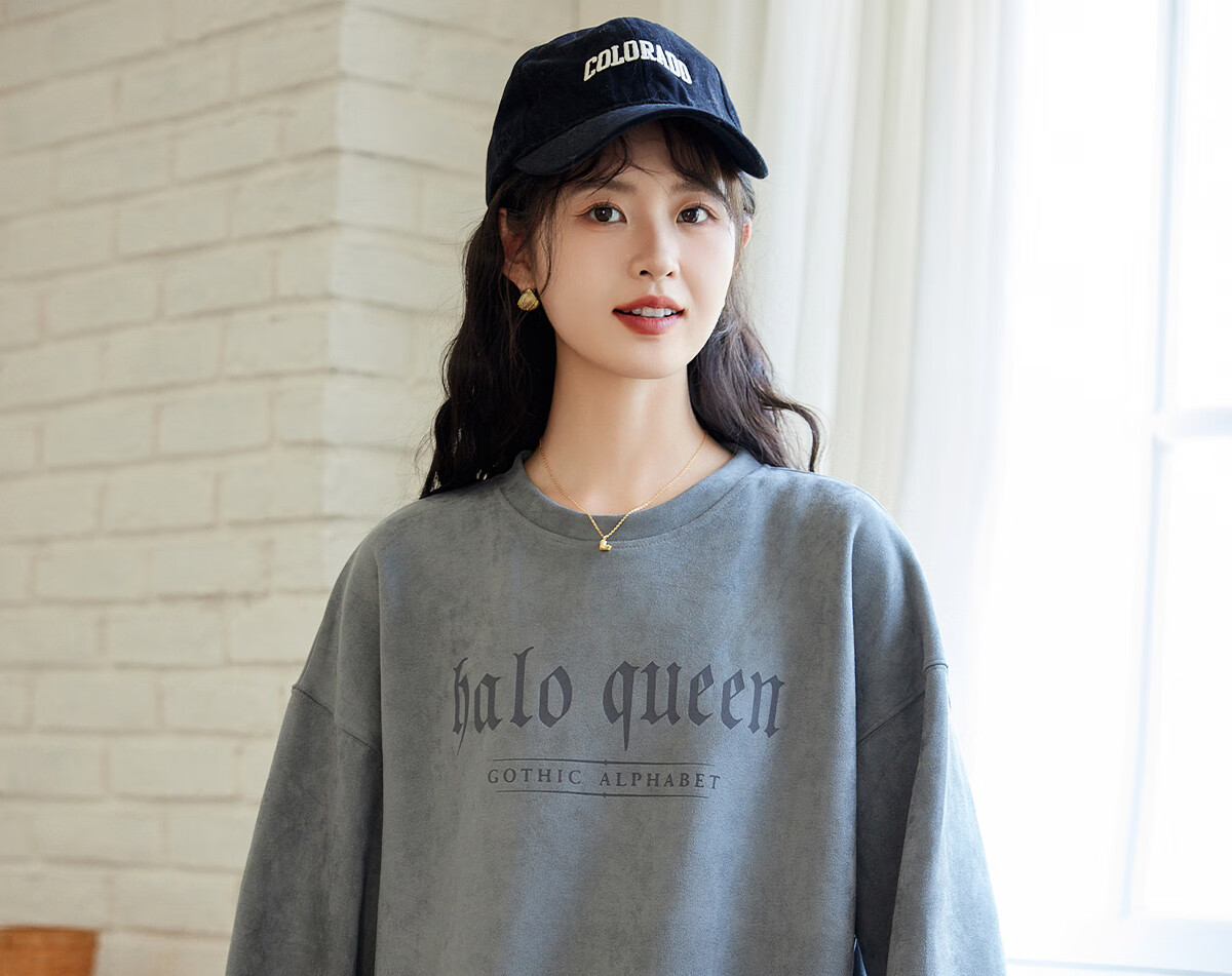 Halo Queen Women's Sweatshirt, Suede Fleece, Spring And Autumn Round Neck, Letter Print Pullover, Loose Fit Versatile Sweatshirt, New Product H143W1022 26