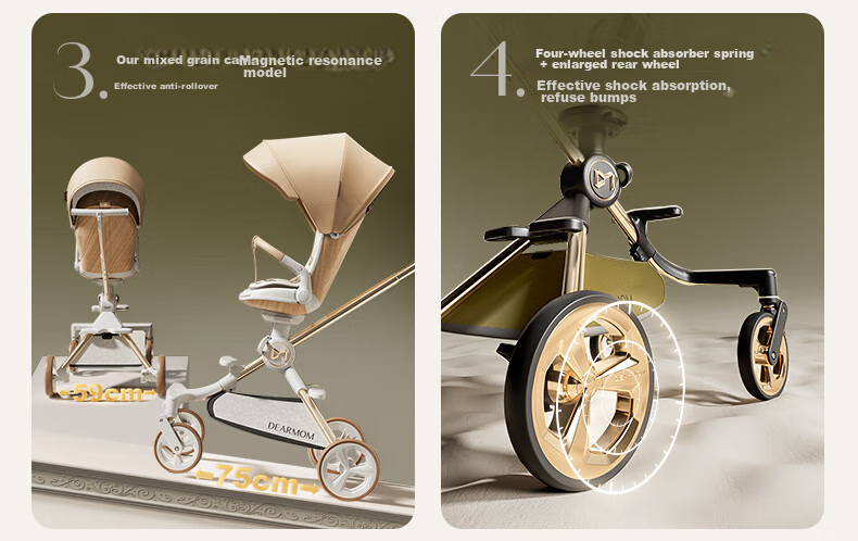 Dear Mom, Stroller, Large White Car, High Landscape Baby Stroller, Lightweight, Reversible, Can Sit Or Lie Down, Strolling Trolley for Babies, Gree 7