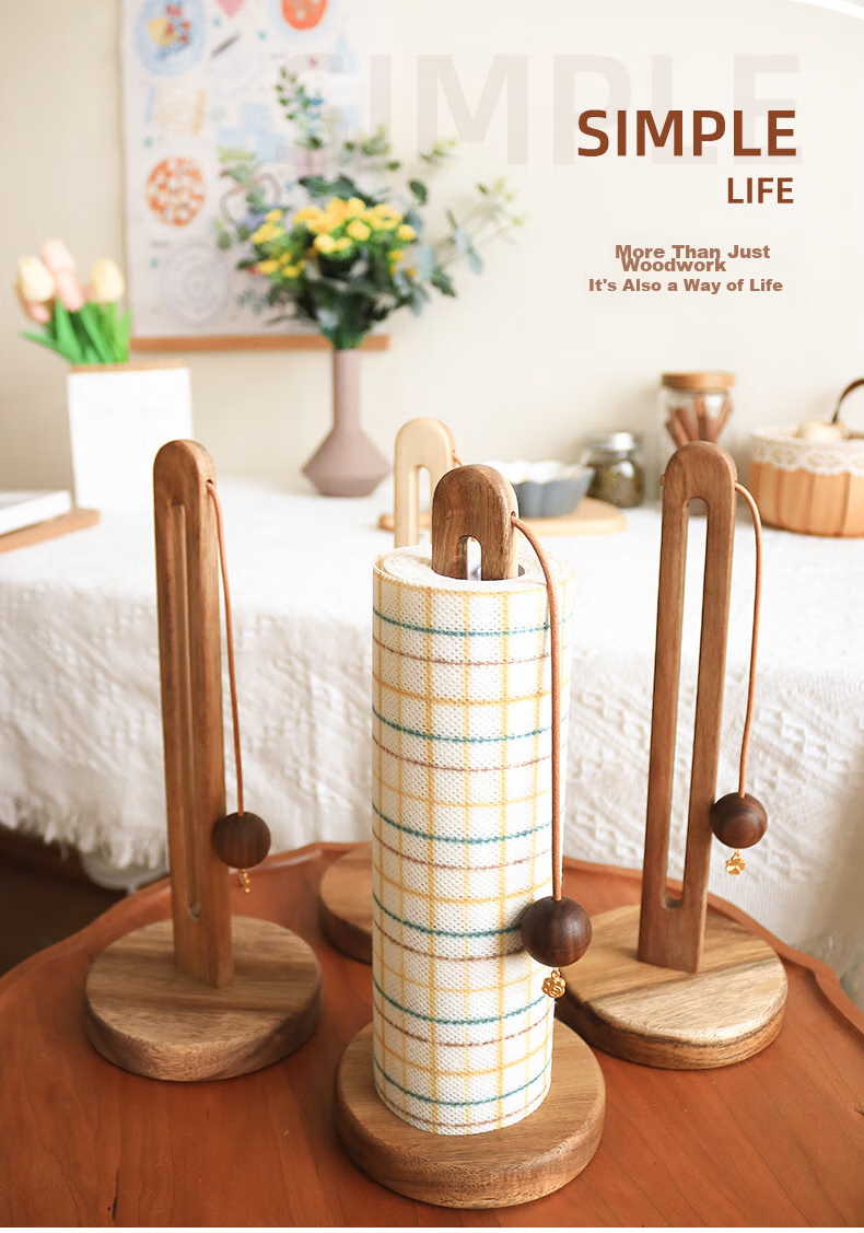 Fanyejia Solid Wood Kitchen Paper Towel Holder, No Drilling Required, Roll Paper Storage Rack, Lazy Person's Cloth And Plastic Wrap Organizer, Vertical Storage Shelf 6