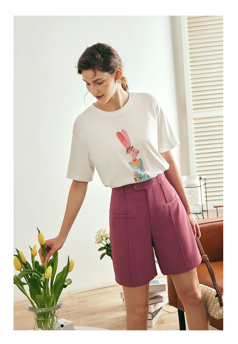 Olrain Fun Printed Short-Sleeve T-Shirt, Summer Women's Loose-Fit Beaded Top, Cotton-Like Breathable, Off-White, Size S 13