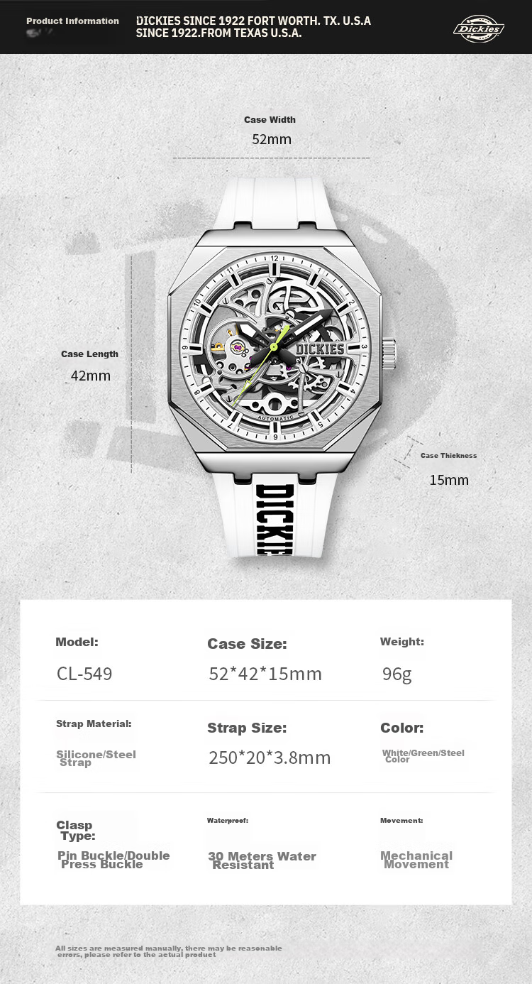 Dickies Men's Mechanical Skeleton Watch with Luminous Hands, Fashionable Mechanical Timepiece Gift, New Model CL-549 for 2026, Gree 12