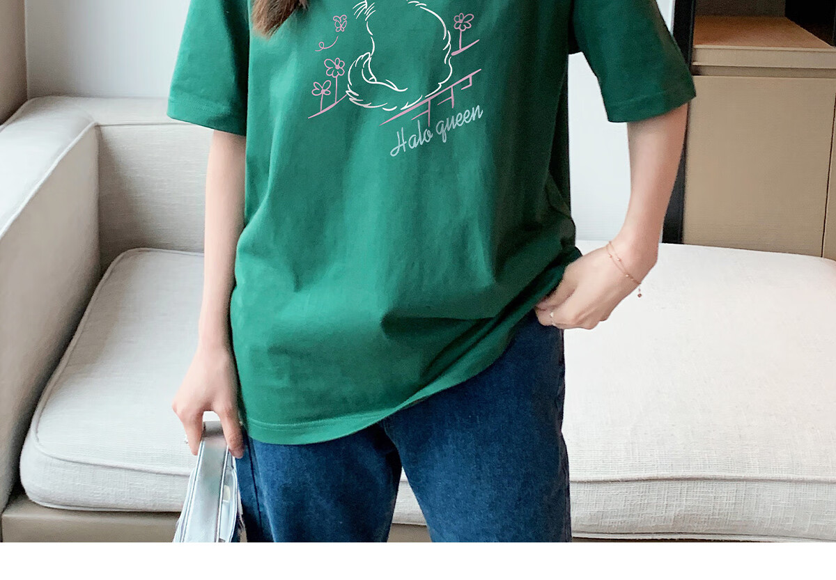 Halo Queen Women's Short-Sleeve T-Shirt, Summer Lightweight Round Neck Tee, American Sweet Cool Cat Print Half-Sleeve Top H143T1409 66