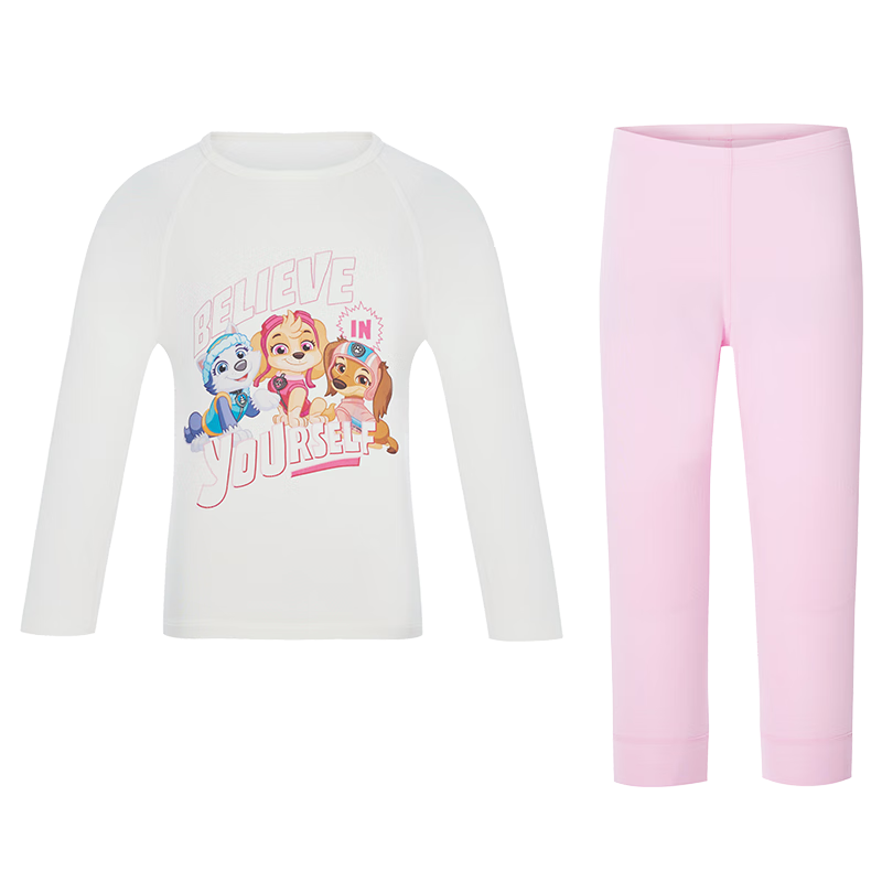 Aimer Kids Little Heater [Medium Warm] Thermal Underwear for Girls, Paw Patrol Moisture-Wicking Heating Autumn Top And Pants Set, White And Pink, Size 130