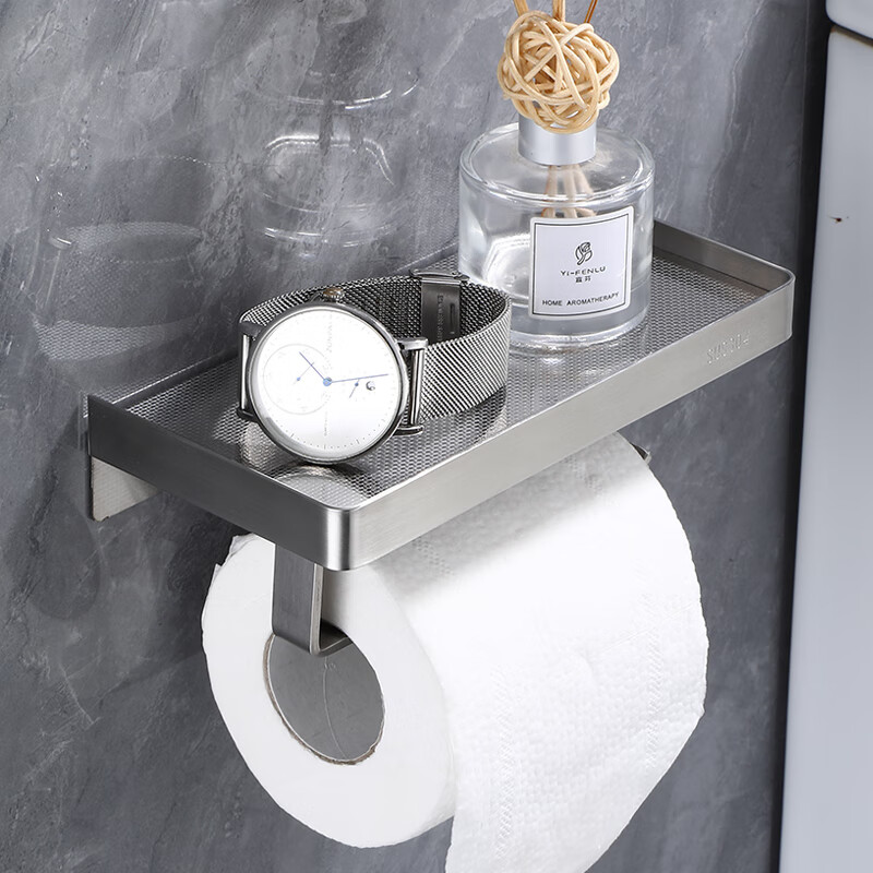 Huxiansen Toilet Paper Holder, No Drilling Required, 304 Stainless Steel, Wall-Mounted Roll Paper Rack with Storage Shelf for Bathroom 4